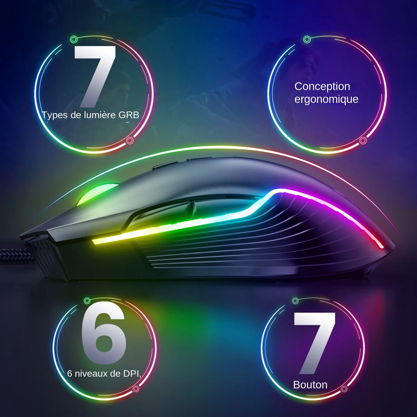 ONIKUMA Wired Gaming Mouse 6 Levels Adjustable 6400 DPI 7 Programmable Buttons 7 RGB Lighting Modes Ergonomic Mice for PC Gamer
