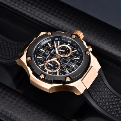 Orologio da uomo PAGANI DESIGN – Cronografo sportivo di lusso in oro rosa, dotato di un movimento al quarzo giapponese VK64 e di un cinturino in gomma fluorurata.
