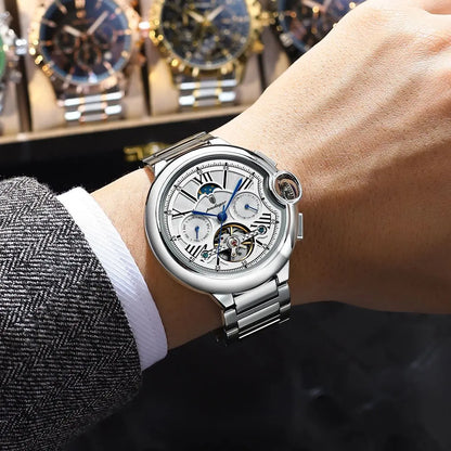 Orologio da uomo POEDAGAR, in stile lussuoso e professionale, con indicazione della data e del giorno, tourbillon, cassa in acciaio inossidabile, movimento meccanico a carica automatica e impermeabilità.