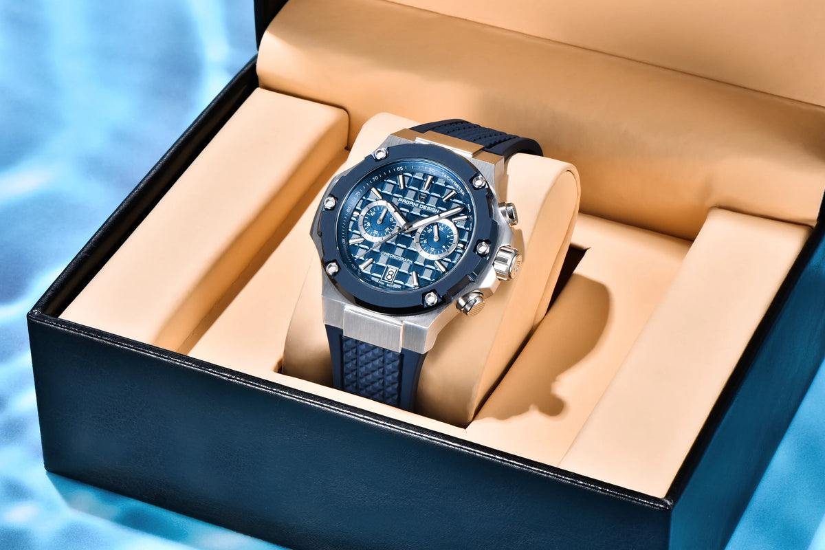 Orologio da uomo PAGANI DESIGN – Cronografo sportivo di lusso in oro rosa, dotato di un movimento al quarzo giapponese VK64 e di un cinturino in gomma fluorurata.