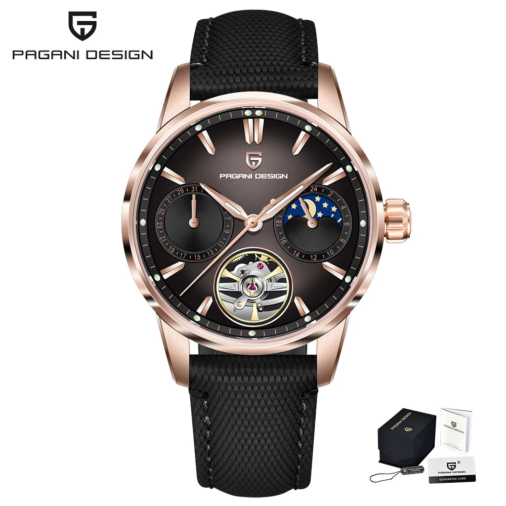 PAGANI DESIGN – Luksuzna mehanska ura za moške, 41 mm, safirno steklo, usnjena zapestnica, vodotesna, v pilotskem slogu, s turbijonom in prikazom lunine faze