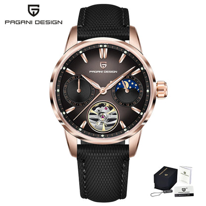 PAGANI DESIGN – Luksuzna mehanska ura za moške, 41 mm, safirno steklo, usnjena zapestnica, vodotesna, v pilotskem slogu, s turbijonom in prikazom lunine faze