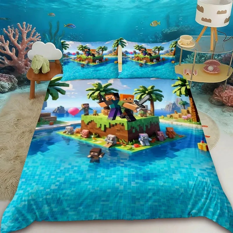 Capa de edredão infantil Cartoon Minecraft, conjunto de cama com capa de edredão, tamanho Queen, King e Full, com 1/2 fronha para quarto