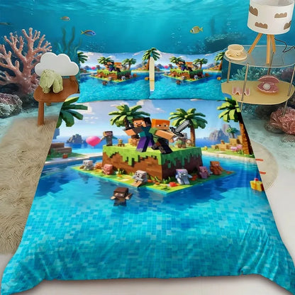 Capa de edredão infantil Cartoon Minecraft, conjunto de cama com capa de edredão, tamanho Queen, King e Full, com 1/2 fronha para quarto