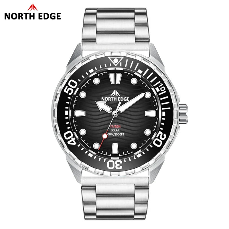 NORTH EDGE NEW+ TRITON-TI Titanium Solar-Powered Diving Watch Luxury Quartz Watches for Men 300M Waterproof 180+ Day Power
