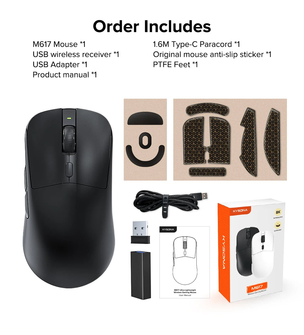 KYSONA M617 Wireless Mouse Ergonomics Tri-mode  Rechargeable 2.4G 59g Lightweight E-sports PAW 3395 DPI 26K Gaming Mouse For PC