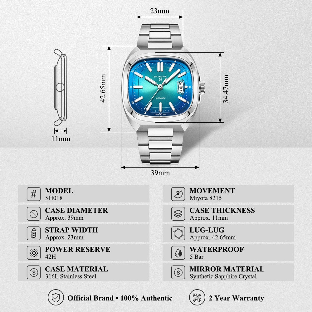 Montre pour homme Shanghai Watch, mécanique automatique, cadran carré, luminescente, étanche jusqu'à 50 m, affichage de la date, montre-bracelet décontractée SH018