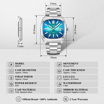 Montre pour homme Shanghai Watch, mécanique automatique, cadran carré, luminescente, étanche jusqu'à 50 m, affichage de la date, montre-bracelet décontractée SH018