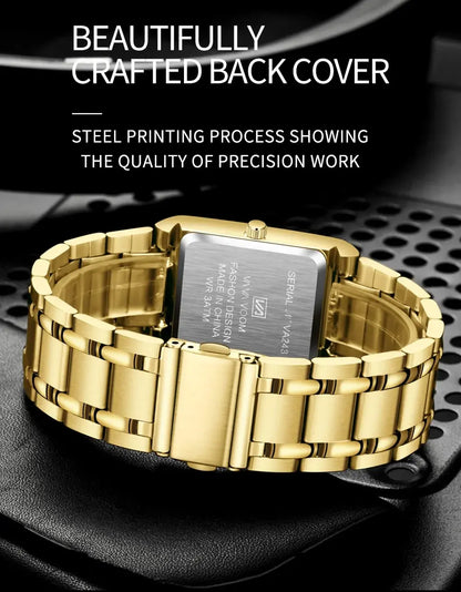 Herenzakelijk horloge, eenvoudig ontwerp, luxe mode, rechthoekig, zwart-goud, roestvrij staal, kalender, waterdicht, quartz, herenhorloges