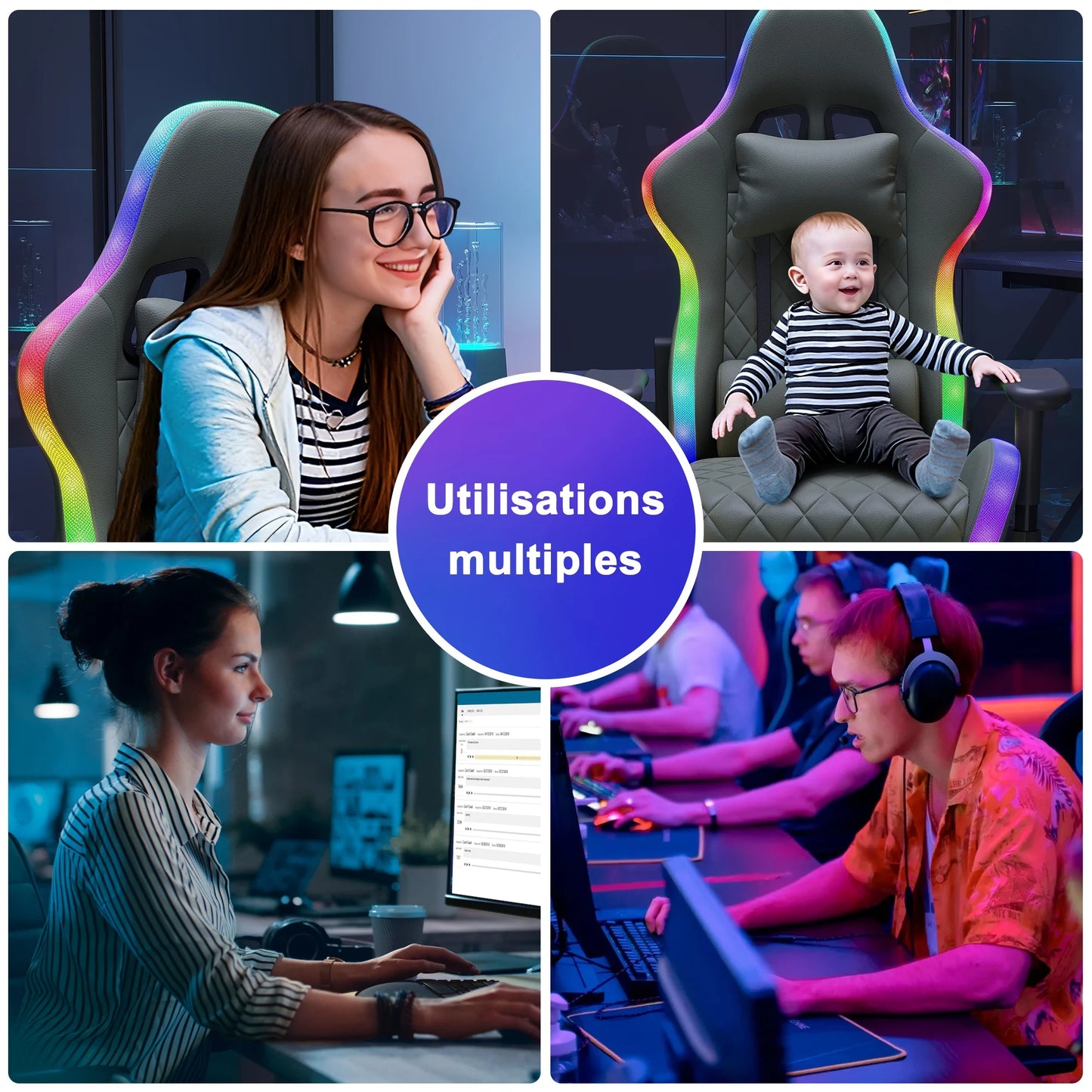 Ergonomic office chair with lumbar massage,LED RGB ambient lighting, and reclining backrest,  for home offices