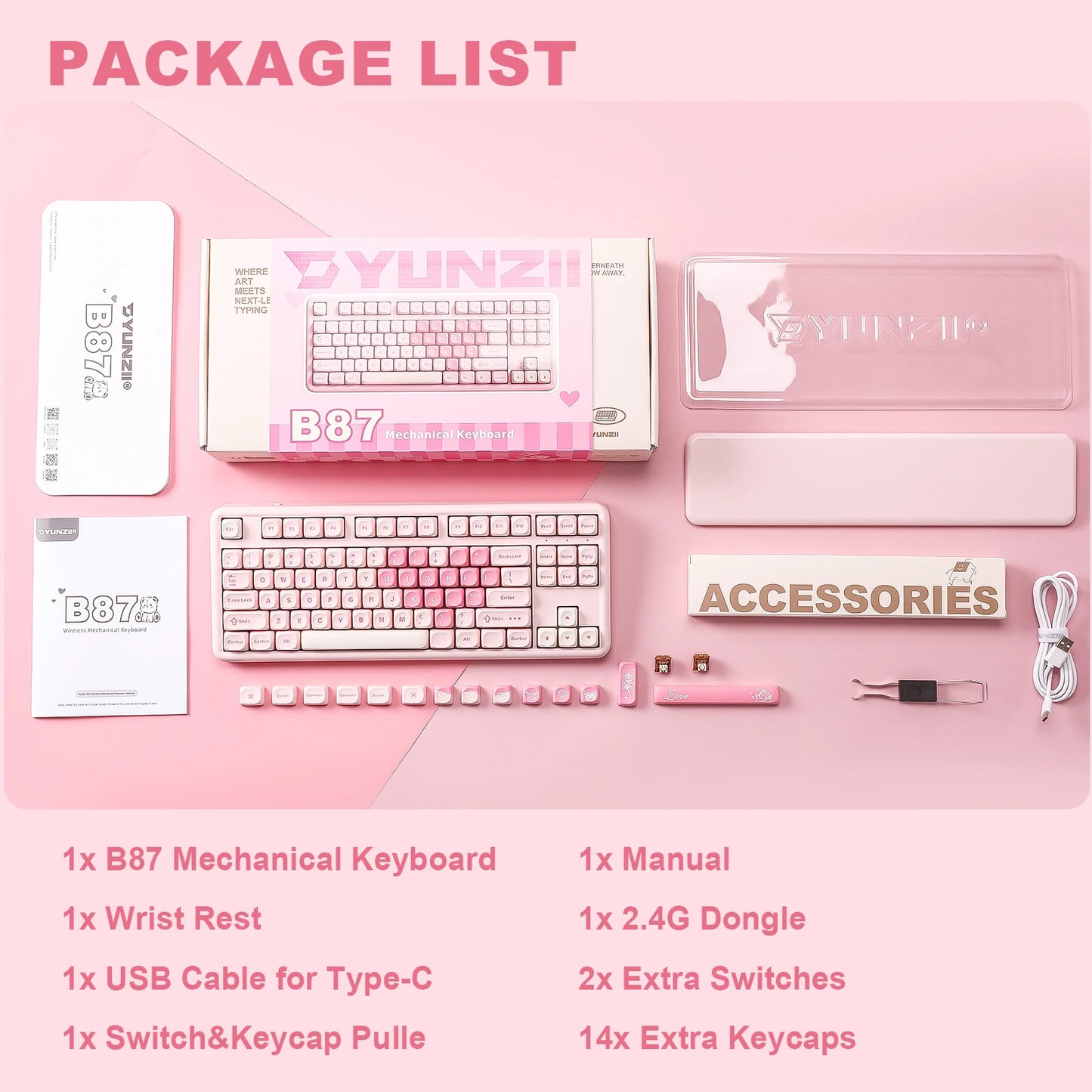 YUNZII B87 Pink Mechanical Gaming Keyboard, QMK/VIA Custom Gasket RGB Keyboard, Wireless Aesthetic Keeb, Wrist Rest for Win/Mac