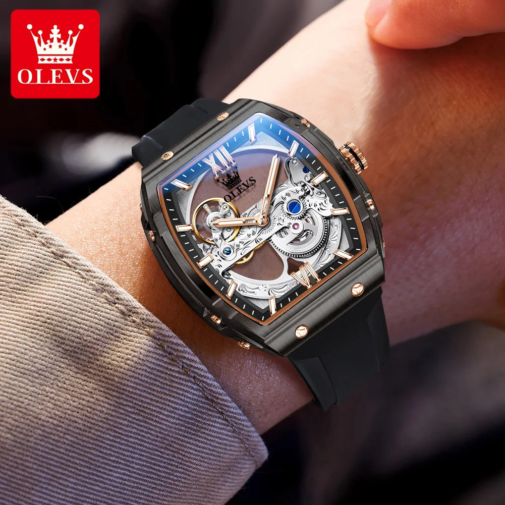 OLEVS 6779 Mens Watch Skeleton Mechanical Watch Fashion Business Sport Waterproof Luminous Silicone Strap Watches For Men