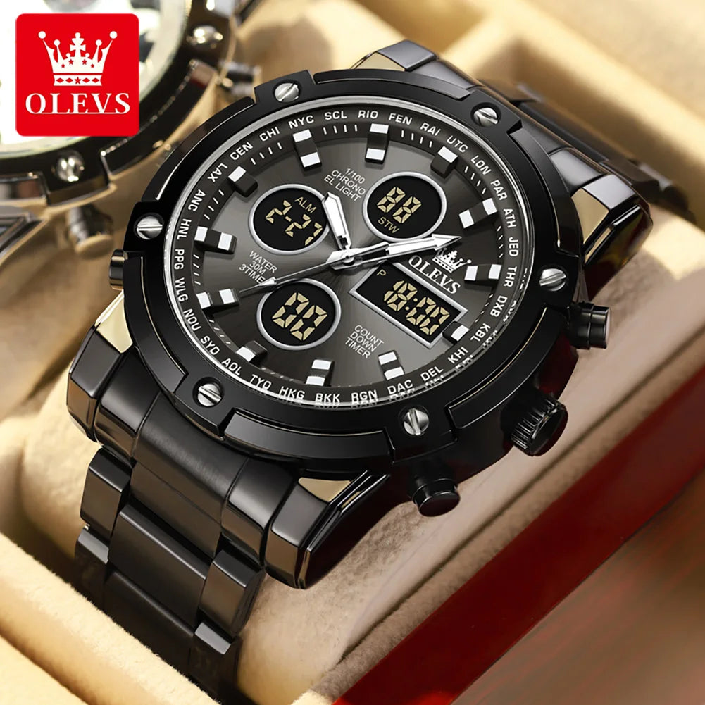Orologio da uomo OLEVS – Orologio da polso al quarzo, impermeabile, in acciaio inossidabile, con display a LED – Stile sportivo e di tendenza (modello 1106)