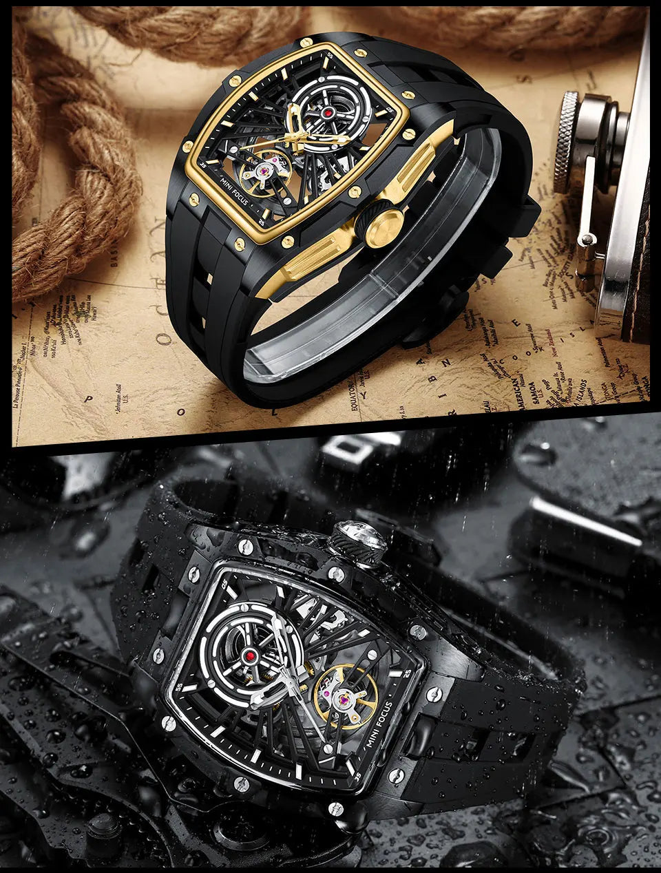 Reloj de pulsera MINI FOCUS para hombre, negro, a la moda, resistente al agua, mecánico automático, con manecillas luminosas, correa de silicona y esfera tonneau