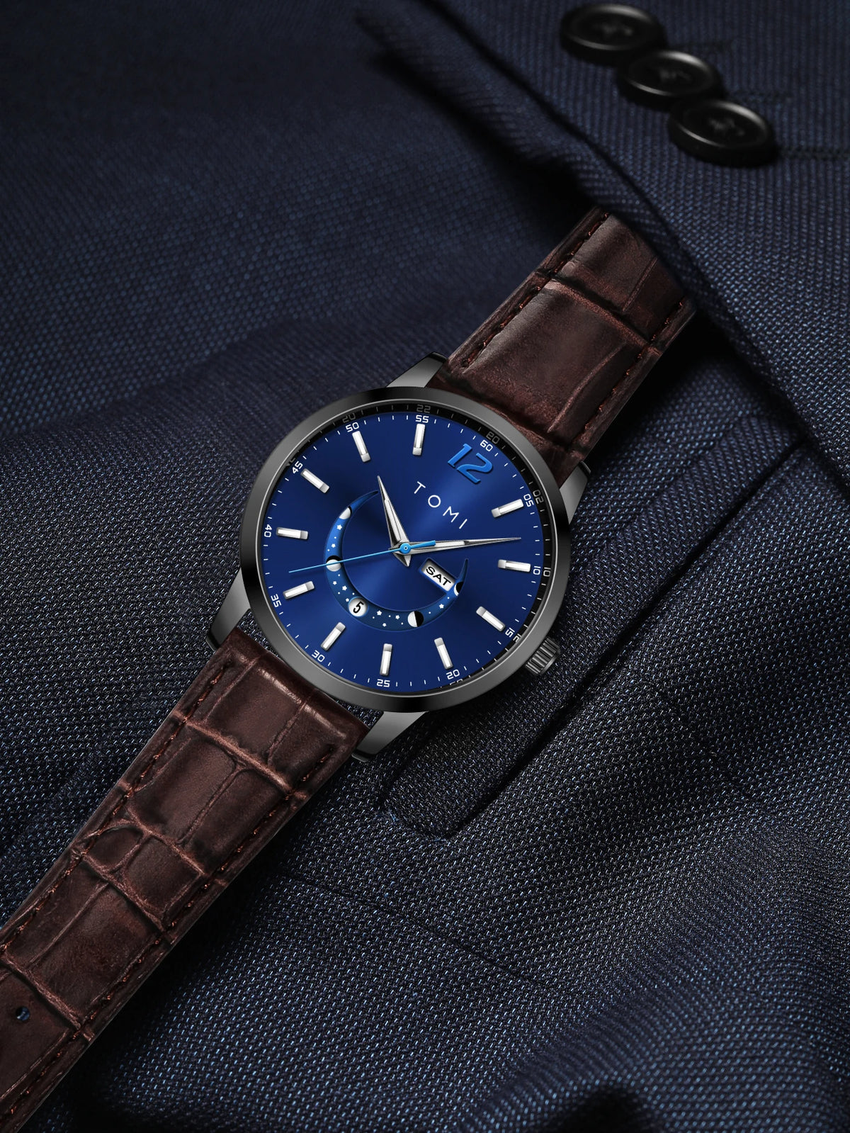 TOMI-kvartsur, elegant i affärsstil, med läderarmband, boett i legering och urtavla med visare – Exklusiv design, presentidé för män