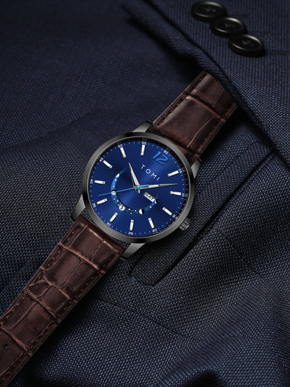 TOMI-kvartsur, elegant i affärsstil, med läderarmband, boett i legering och urtavla med visare – Exklusiv design, presentidé för män