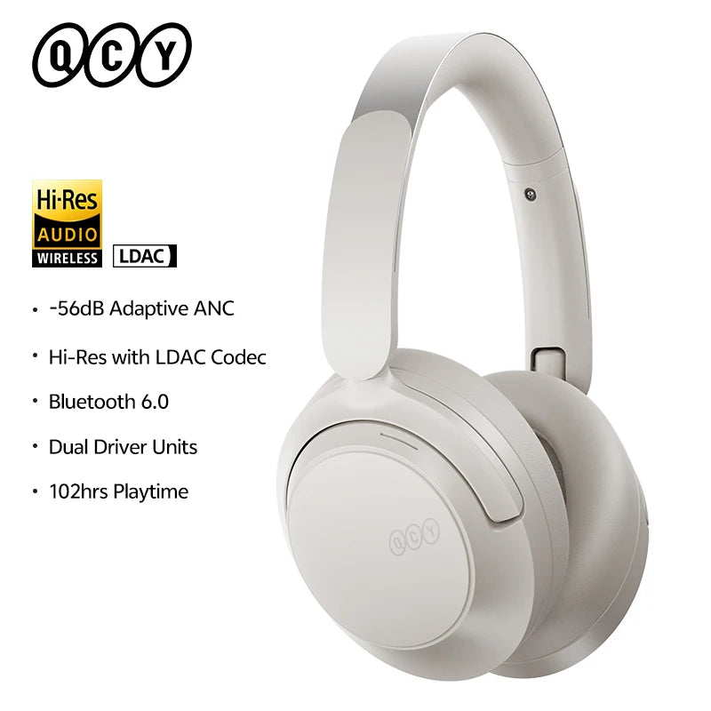 QCY H3S ANC Over Ear Headphones -56dB Noise Cancelling Headsets Bluetooth 6.0 Hi-Res LDAC Spatial Sound Earphones Dual Driver