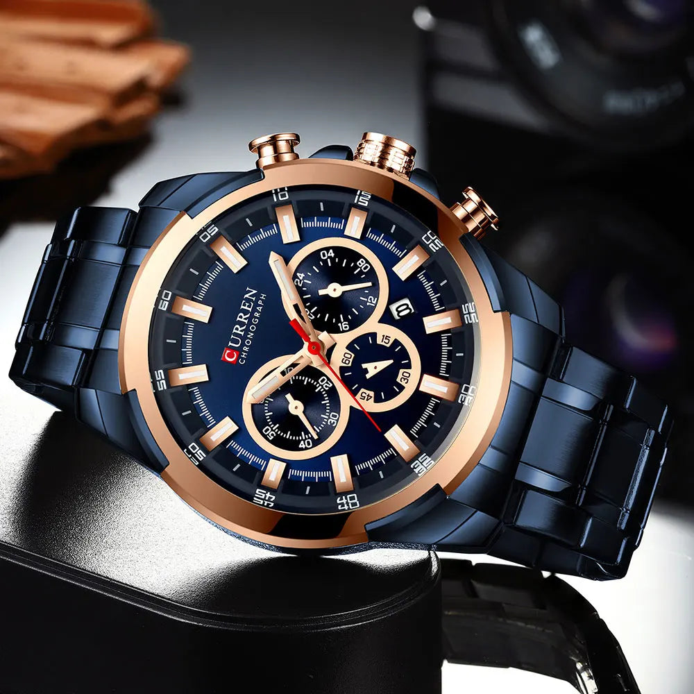 Orologio cronografo da uomo CURREN, quadrante grande da 48 mm, bracciale in acciaio inossidabile, tre contatori, orologio da polso sportivo al quarzo, stile lussuoso