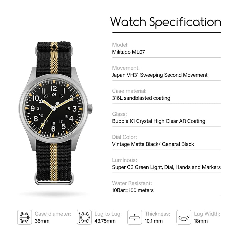 Militado ML07 Quartz Watch VH31 Sweep Movement Domed Sapphire Crystal Luminous 10Bar Waterproof 36mm Vintage Mens Watches
