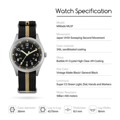 Militado ML07 Quartz Watch VH31 Sweep Movement Domed Sapphire Crystal Luminous 10Bar Waterproof 36mm Vintage Mens Watches