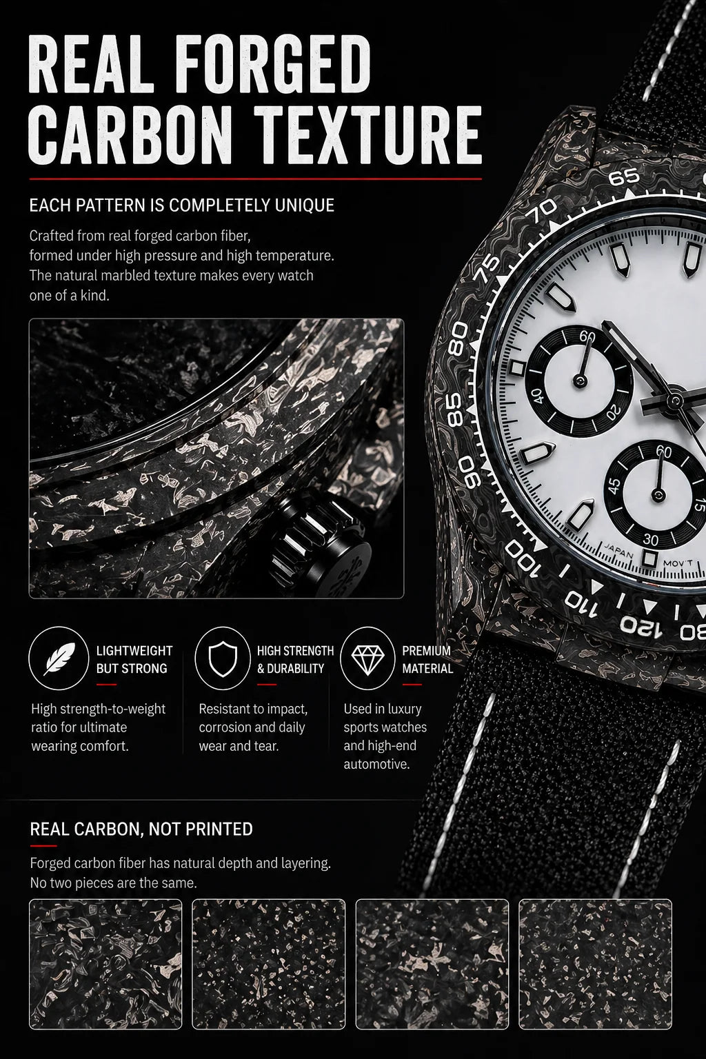 Montre chronographe « Panda » en fibre de carbone de 39 mm, VK63, quartz, verre saphir, logo personnalisé, pour homme, sportive