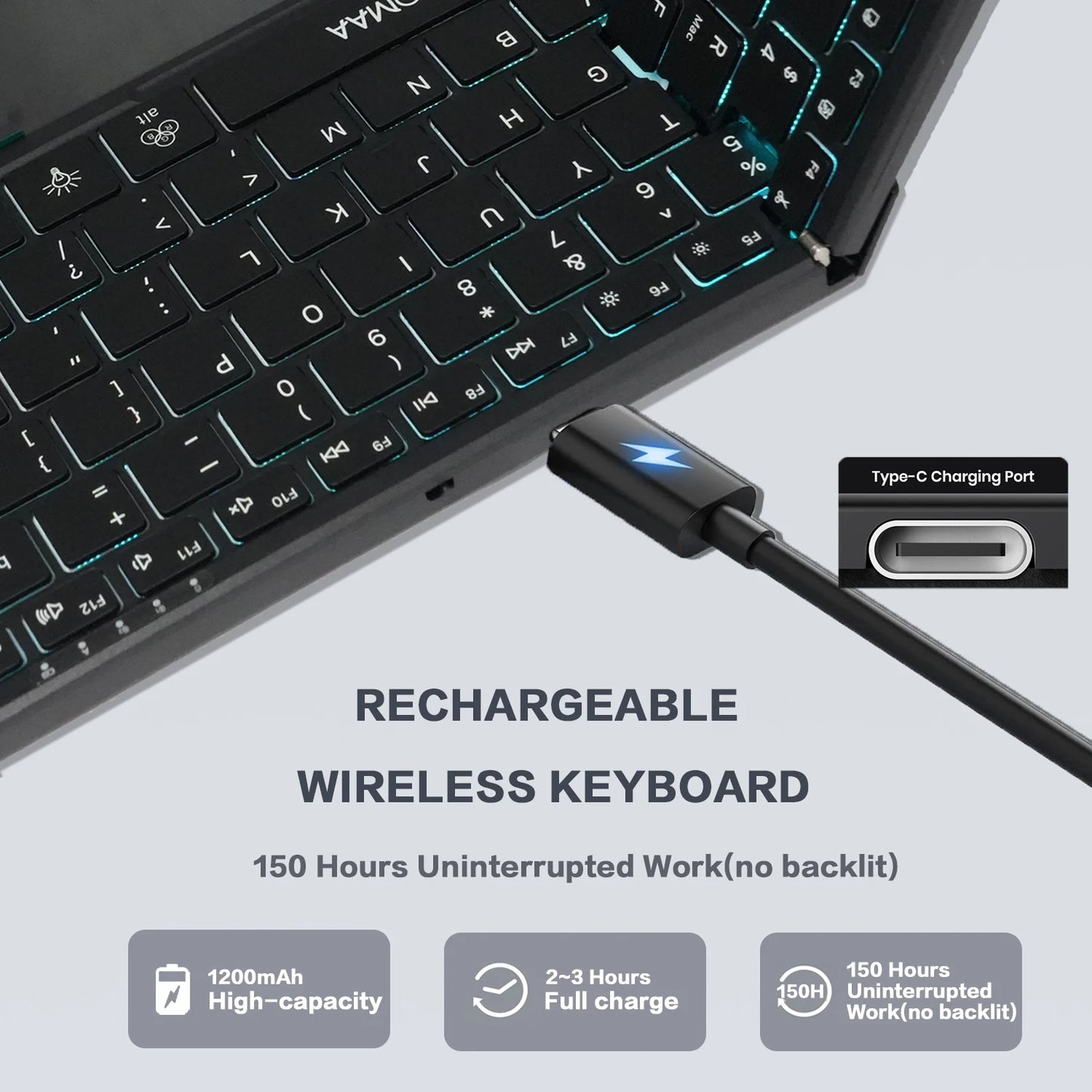 Jomaa Backlit Full Size Folding Keyboard Bluetooth+USB Wireless keyboard with Touchpad Numberic Pad for Laptop Windows