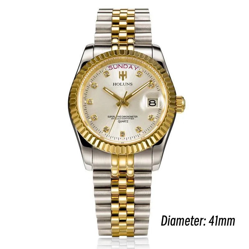 Relojes de hombre Holuns Luxury Classic de 36/41 mm en oro, con movimiento de cuarzo MIYOTA de Japón, de acero inoxidable, reloj de pulsera clásico de negocios, resistente al agua