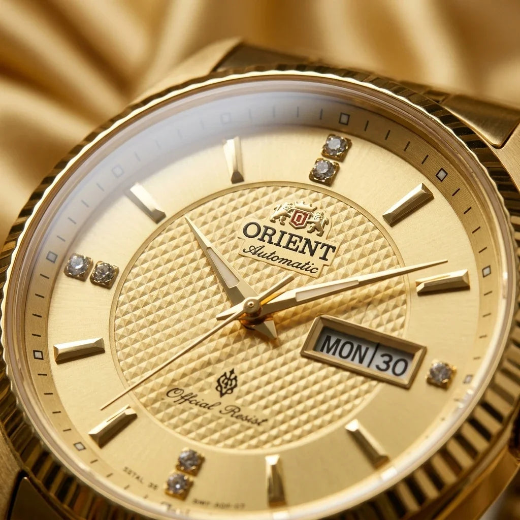 Orologio meccanico automatico da uomo Orient, con doppio calendario (data e giorno della settimana), indici in cristallo e bracciale in acciaio inossidabile – Orologio da polso dallo stile professionale