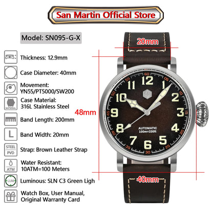 San Martin Fashion Men's Watch 40mm Pilot Automatic Mechanical YN55 PT5000 SW200 Stainless Steel Luminous Waterproof 100m