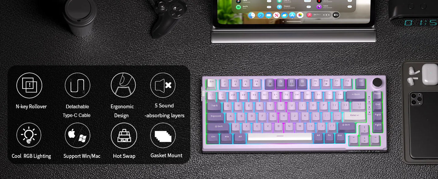 MageGee SKY81 75% Mechanical Gaming Keyboard, RGB Gasket Hot Swappable Wired Custom Creamy Sound Dampening Keyboard with Knob