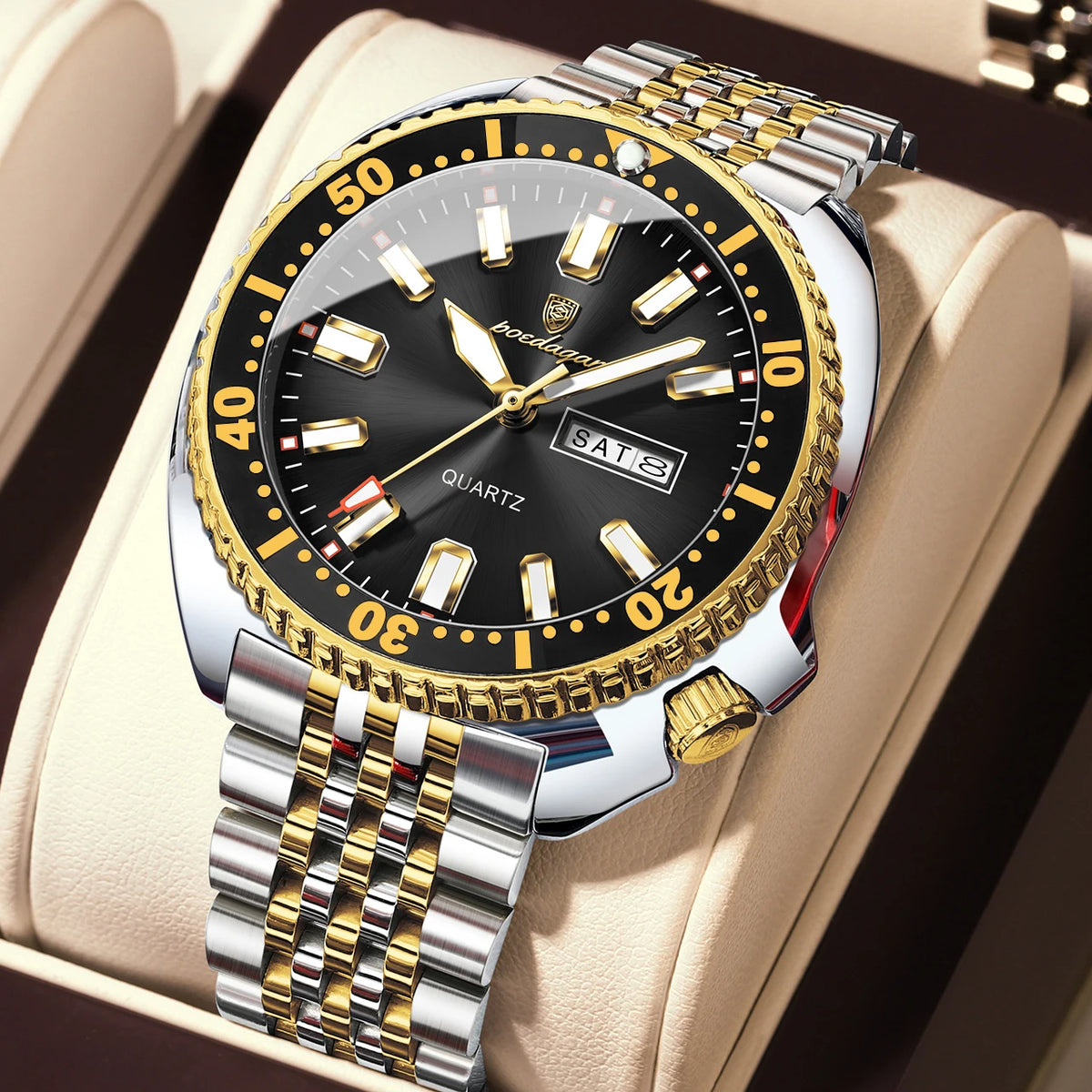 Orologio da uomo POEDAGAR di lusso, stile business, con data e giorno della settimana, impermeabile e luminescente, in acciaio inossidabile e con movimento al quarzo.