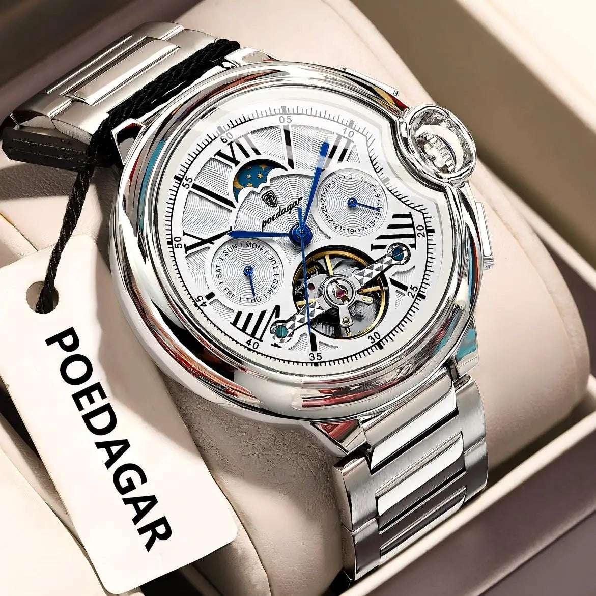 Orologio da uomo POEDAGAR, in stile lussuoso e professionale, con indicazione della data e del giorno, tourbillon, cassa in acciaio inossidabile, movimento meccanico a carica automatica e impermeabilità.