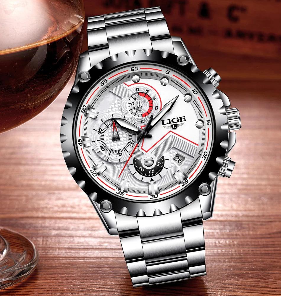 LIGE Herrenuhr – Trendige Quarzuhr, Luxusmarke, komplett aus Edelstahl, professioneller Stil, wasserdicht und sportlich – Lieferung inklusive Box
