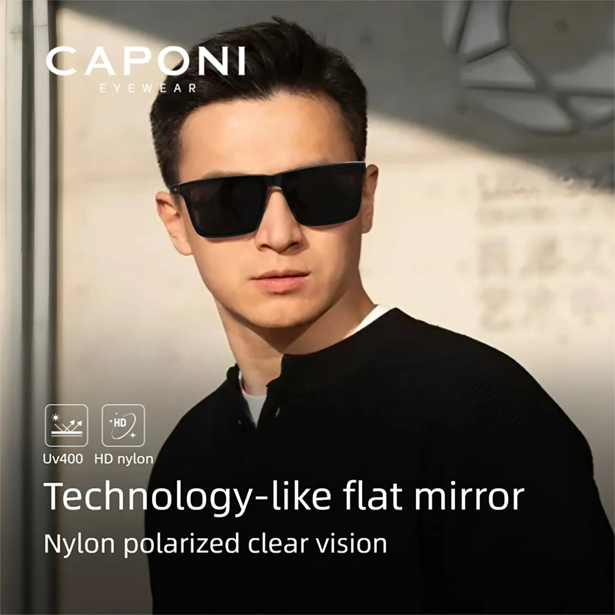 CAPONI Nylon Polarized Sunglasses High Quality Acetate Square Flat Design Sun Glasses For Men UV400 Protect Black Shades CP7499
