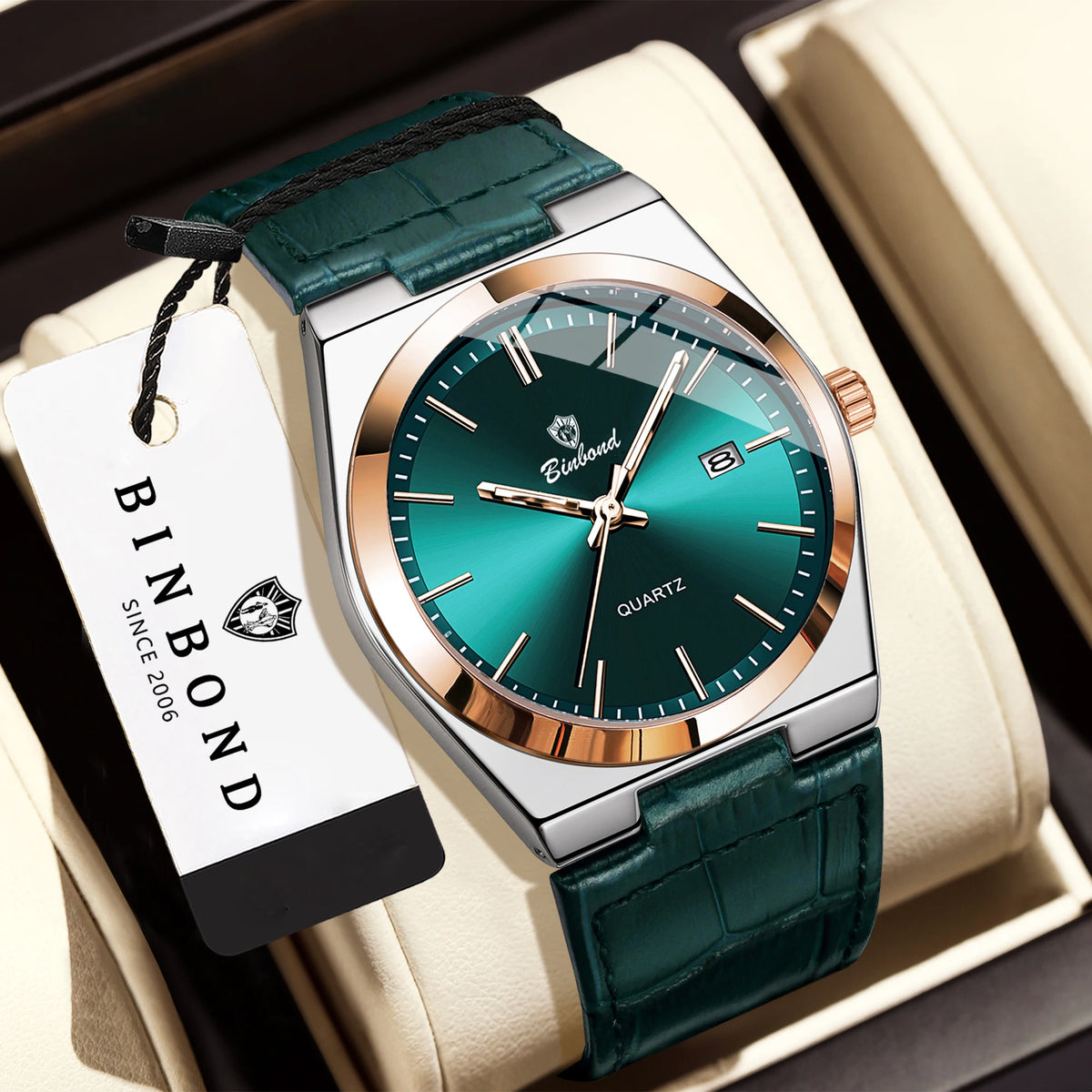 Relógio de pulso de luxo BINBOND com movimento de quartzo para homem – Impermeável, luminoso, com data automática – Estilo profissional, desportivo, moderno e descontraído – Pulseira em pele