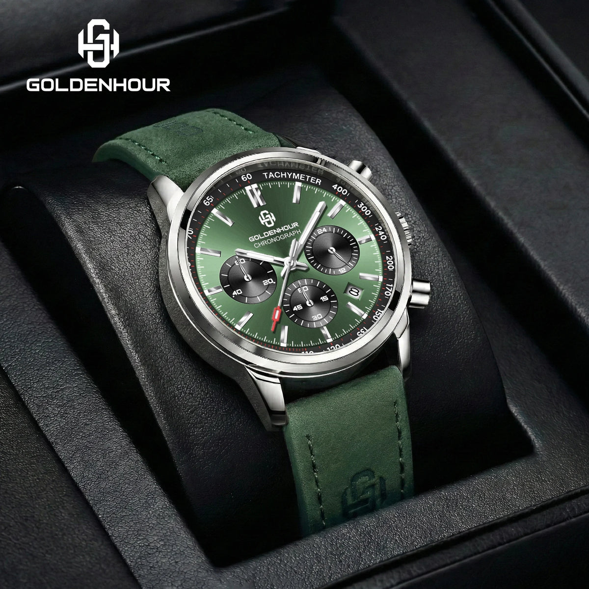 Orologio di lusso da uomo GOLDENHOUR – Cronografo al quarzo, quadrante verde, cinturino in pelle, impermeabile, luminescente, stile militare e sportivo