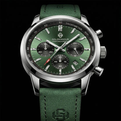 Orologio di lusso da uomo GOLDENHOUR – Cronografo al quarzo, quadrante verde, cinturino in pelle, impermeabile, luminescente, stile militare e sportivo