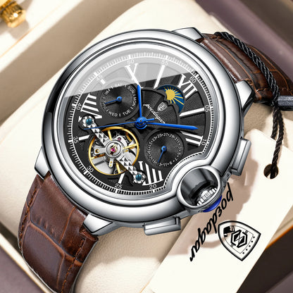 Orologio di lusso da uomo POEDAGAR – Modello meccanico a carica automatica con datario e indicatore del giorno, cinturino in pelle, tourbillon, impermeabile, stile elegante e professionale.