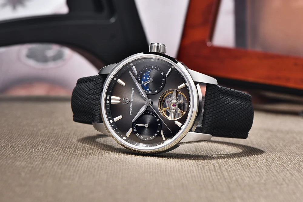 PAGANI DESIGN – Luksuzna mehanska ura za moške, 41 mm, safirno steklo, usnjena zapestnica, vodotesna, v pilotskem slogu, s turbijonom in prikazom lunine faze