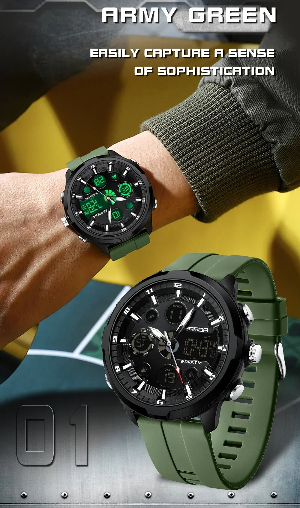 SANDA 9053 G Montres de sport militaires pour homme Montre numérique de luxe Montre-bracelet à quartz étanche jusqu’à 50 m pour homme Relogios Masculino