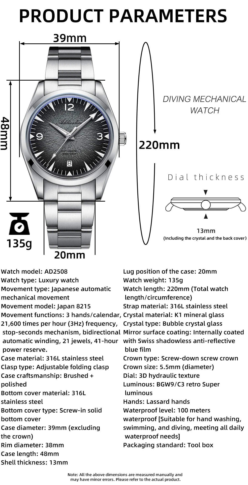 ADDIESDIVE AD2508 Man Diving Watch Luminous 100M Waterproof 316L Stainless Steel 8215 Movement Automatic Mechanical Watch
