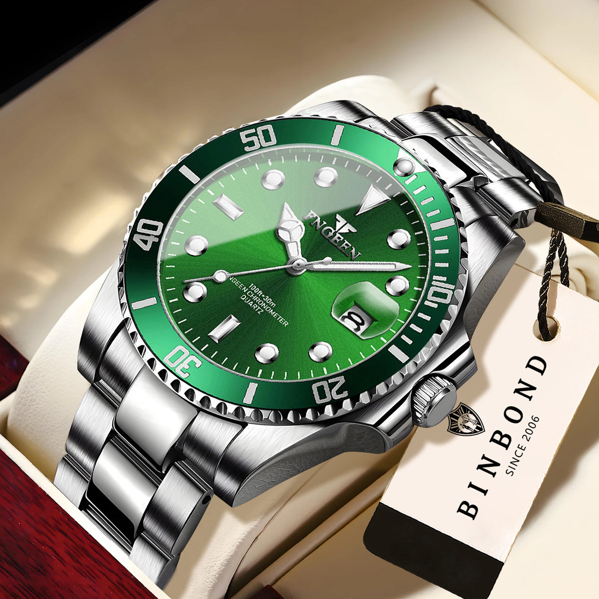 Orologio da polso al quarzo FNGEEN Son Brand di BINBOND con bracciale in acciaio inossidabile da uomo, luminescente e impermeabile, di lusso.