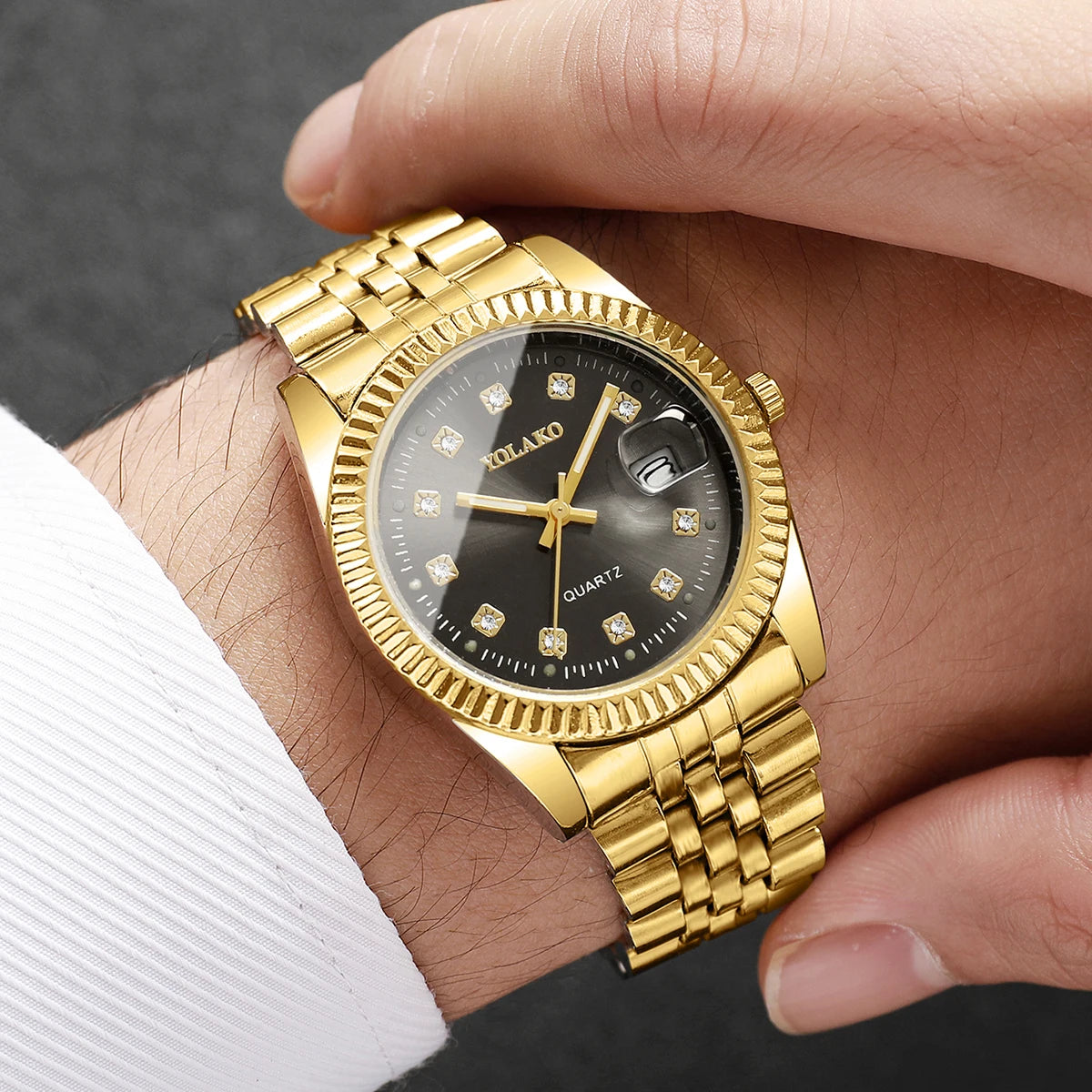 Montre-bracelet de luxe pour homme à quartz avec calendrier, tendance, strass, en acier, montre d'affaires pour homme, Reloj Hombre, cadeau (sans boîte)