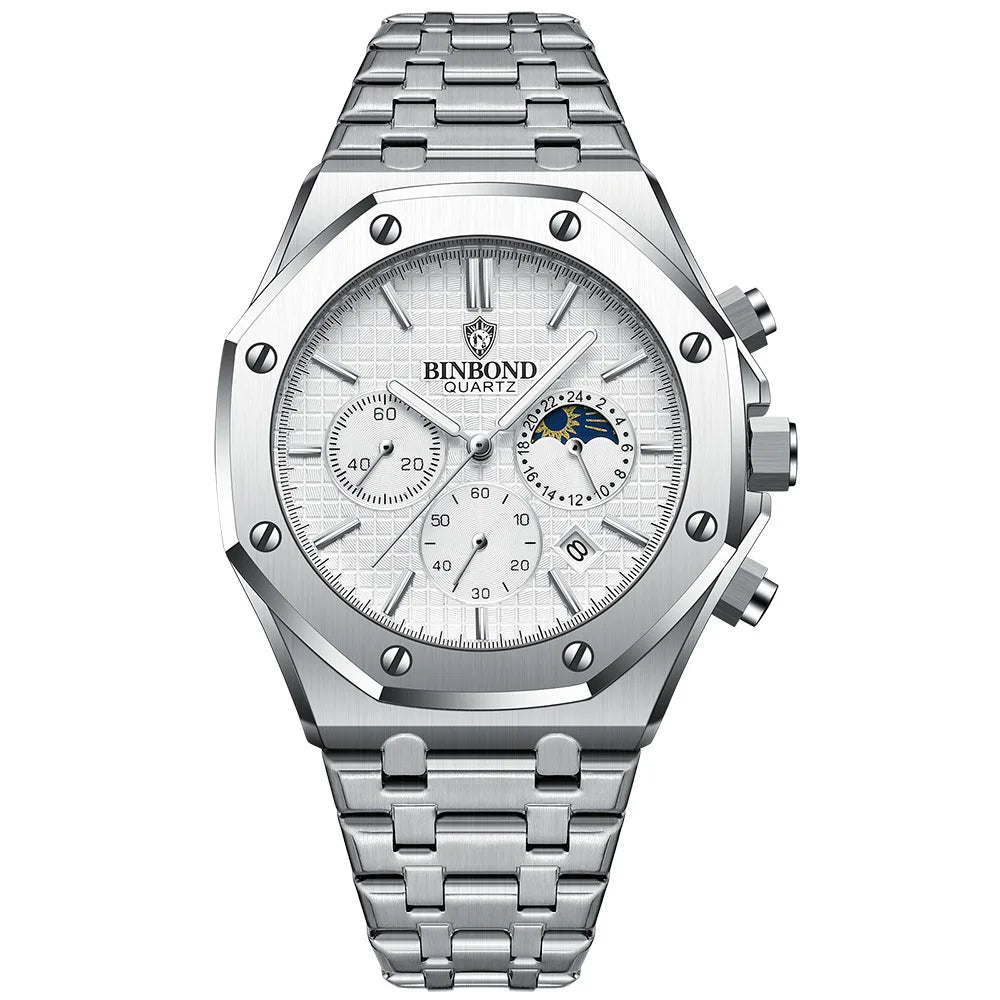 Montre-bracelet à quartz BINBOND pour homme, chronographe de luxe luminescent, en acier inoxydable, étanche, avec date et calendrier