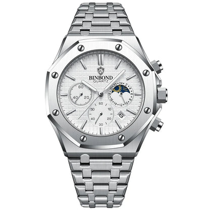 Montre-bracelet à quartz BINBOND pour homme, chronographe de luxe luminescent, en acier inoxydable, étanche, avec date et calendrier
