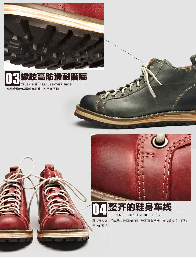 KOWM Cowhide Hiking Shoes Men's Walking Boot British Trekking Shoes Thick-Soled Cowhide High-Top Motorcycle Boots Ankle Sneakers