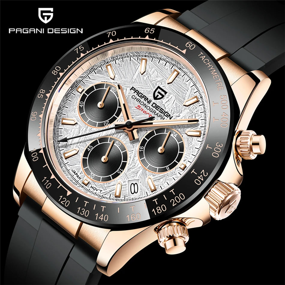 PAGANI DESIGN V2 40MM Reloj de cuarzo para hombre con esfera de meteorito, cristal de zafiro, cronógrafo retro y resistente al agua