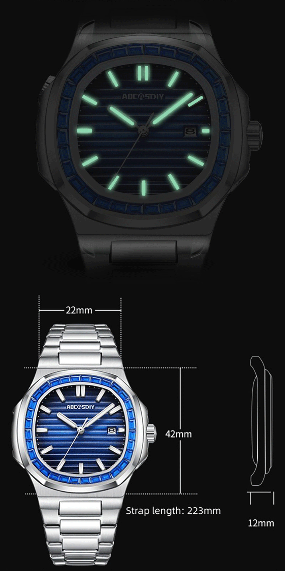 AOCASDIY Montre de luxe professionnelle étanche pour homme, date luminescente, acier inoxydable, carrée, à quartz, reloj hombre