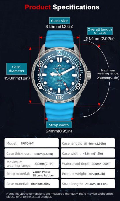 NORTH EDGE NEW+ TRITON-TI Titanium Solar-Powered Diving Watch Luxury Quartz Watches for Men 300M Waterproof 180+ Day Power