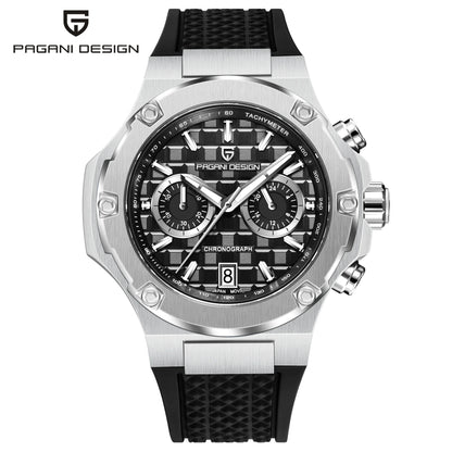Orologio da uomo PAGANI DESIGN – Cronografo sportivo di lusso in oro rosa, dotato di un movimento al quarzo giapponese VK64 e di un cinturino in gomma fluorurata.